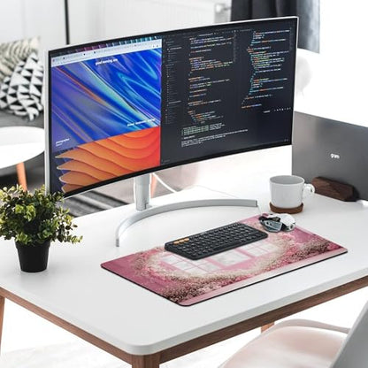 Valentine's Day Pink Cherry Blossom & Heart Large Extended Gaming Mouse Pad 30"x16" - XXL Computer Desk Mat for Keyboard and Mouse - Non-Slip Rubber Base & Durable Stitched Edges - color: Black-2, size: 30"Lx16"W