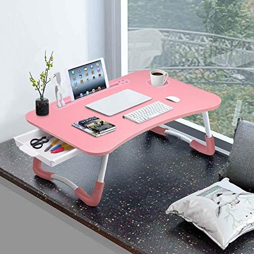 Slendor Lap Desk with Tablet Slot, Foldable Laptop Table with Storage Drawer for Bed，Portable Bed Desk for Laptop, Computer Tray with Cup Holder Notebook Stand Reading Holder for Couch Floor, Pink - color: Pink