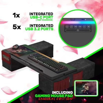 Couchmaster CYCON³ Samurai Edition with HORIZONLIGHT Bar, Ultimate Ergonomic USB-Hub Gaming Lap Desk for Couch and Bed, Compatible with All Keyboards and Mouse/Mice, Laptops, PCs, PS4/5, Xbox - color: Samurai Black Edition