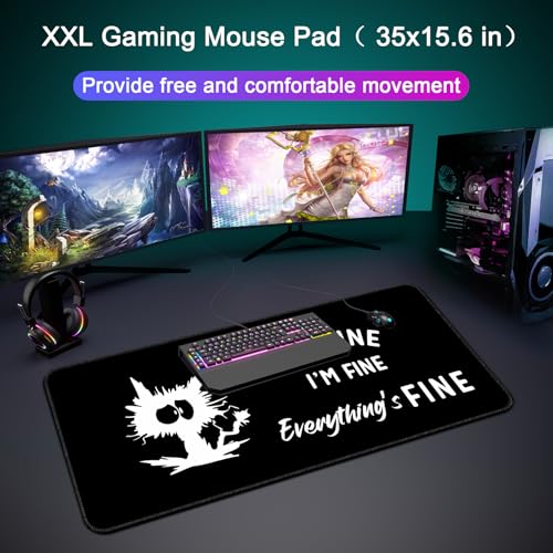 Desk Mat,Large Mouse Pad 35''×15.6'' XXL Extended Gaming Mouse Pad Mat with Non-Slip Base Stitched Eges Mousepad for Computer,Office,Keyboard and Laptop - Black Cat - color: A6-Black Cat